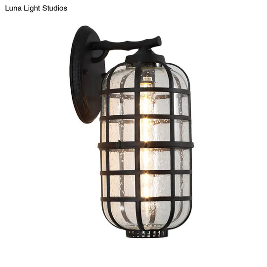 Farmhouse Lantern Courtyard Wall Mount Lamp With Clear Bubble Glass - Black/Coffee Metal Cage 1 Bulb