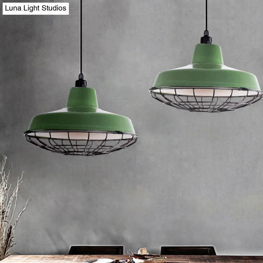 Barn Indoor Hanging Ceiling Light With Wire Guard - Farmhouse Metal Pendant (Green/Red)