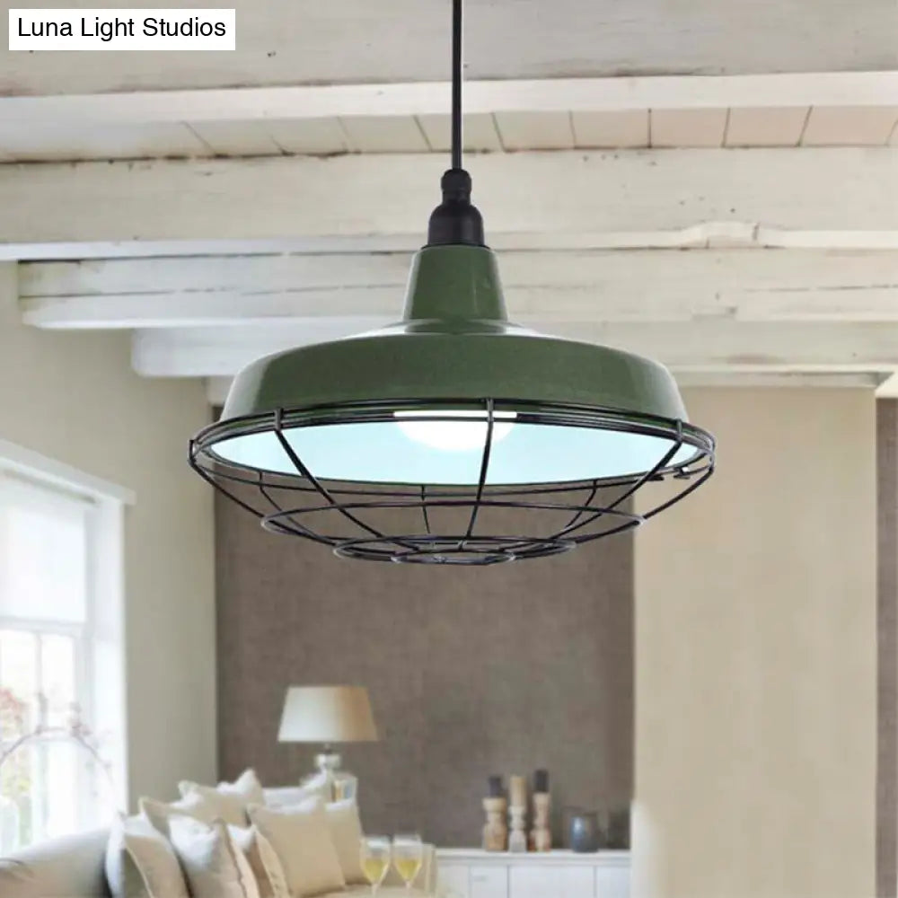 Barn Indoor Hanging Ceiling Light With Wire Guard - Farmhouse Metal Pendant (Green/Red)