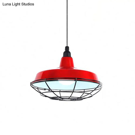 Farmhouse Metal Barn Hanging Ceiling Light - Green/Red Pendant With Wire Guard