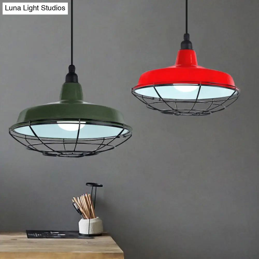 Barn Indoor Hanging Ceiling Light With Wire Guard - Farmhouse Metal Pendant (Green/Red)