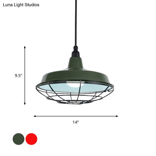 Barn Indoor Hanging Ceiling Light With Wire Guard - Farmhouse Metal Pendant (Green/Red)