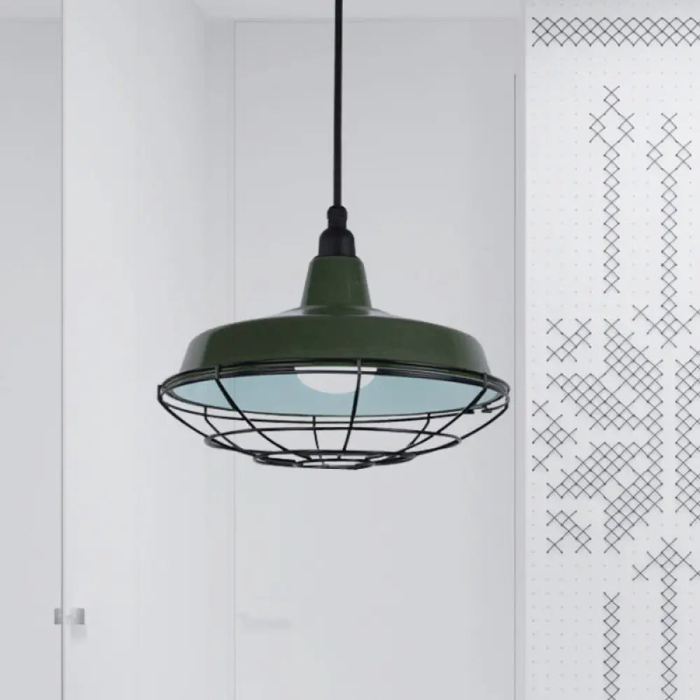 Farmhouse Metal Barn Hanging Ceiling Light - Green/Red Pendant With Wire Guard Green