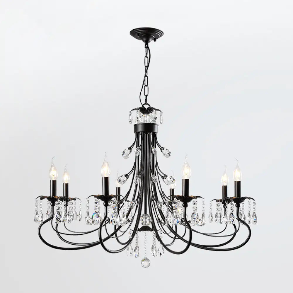 Farmhouse Metal Chandelier: Black Curved Design With Crystal Pendant Lighting And Candle-Inspired