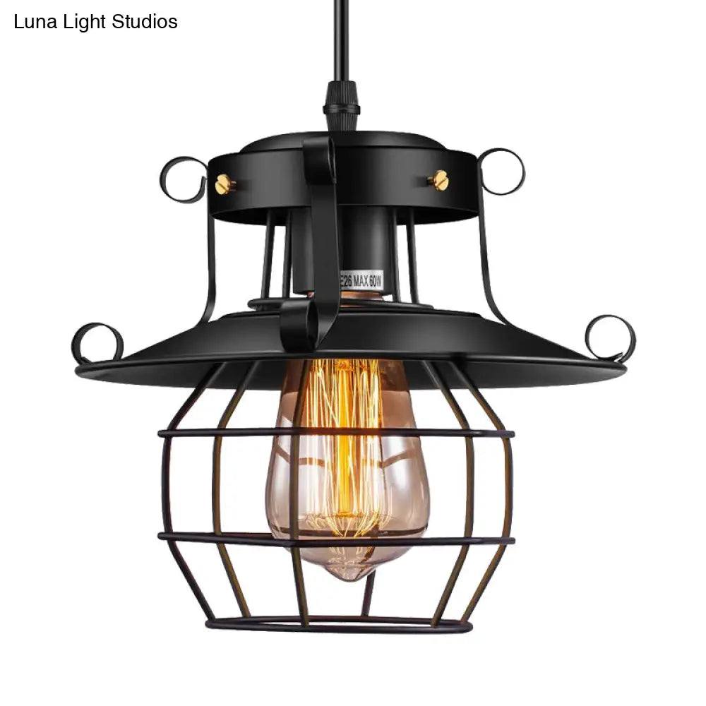 Farmhouse Metal Pendant Light - Wire Cage Dining Room Hanging Kit 1-Light Black Finish
