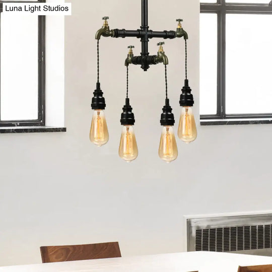 Farmhouse Style Indoor Ceiling Lamp: Metallic Pipe With Faucet Design 4 Bulbs Black Hanging