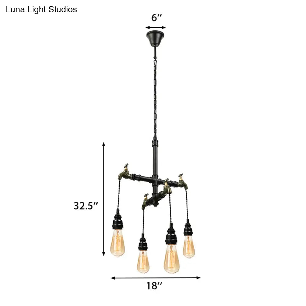 Farmhouse Metallic 4-Bulb Hanging Chandelier Lamp - Pipe Indoor Ceiling Light With Faucet In Black