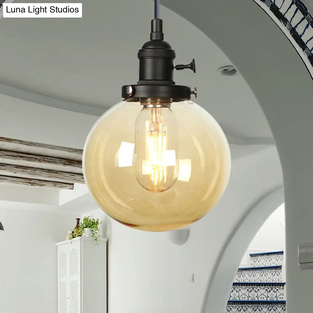 Farmhouse Hanging Pendant Light With Adjustable Cord And Amber/Clear Glass In Black/Bronze/Brass