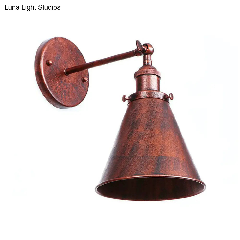Farmhouse Rust Mesh Wall Lamp With Rotating Single-Bulb: Bowl Cone Or Horn Design - Living Room