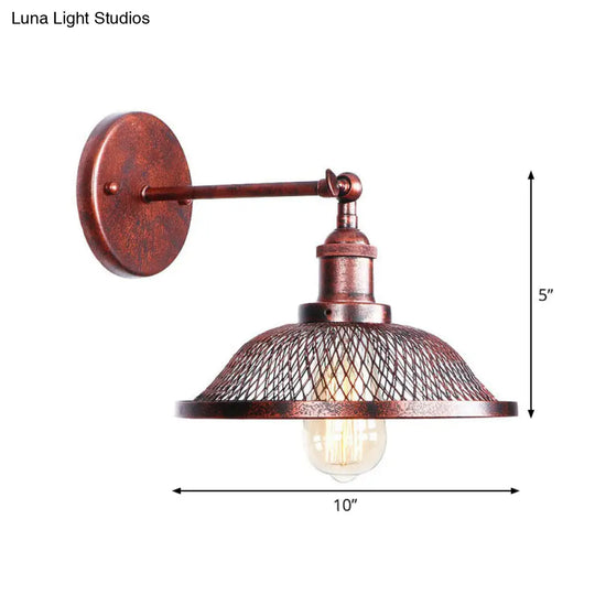 Farmhouse Rust Mesh Wall Lamp With Rotating Single-Bulb: Bowl Cone Or Horn Design - Living Room