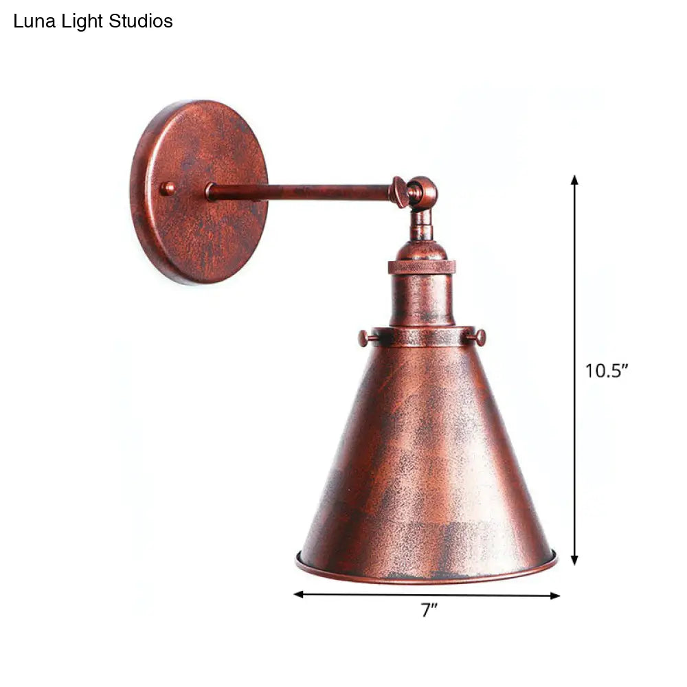Farmhouse Rust Mesh Wall Lamp With Rotating Single-Bulb: Bowl Cone Or Horn Design - Living Room