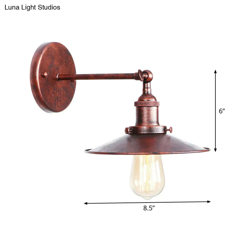 Farmhouse Rust Mesh Wall Lamp With Rotating Single-Bulb: Bowl Cone Or Horn Design - Living Room