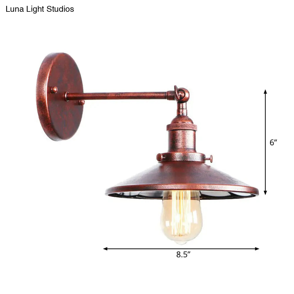 Farmhouse Rust Mesh Wall Lamp With Rotating Single-Bulb: Bowl Cone Or Horn Design - Living Room
