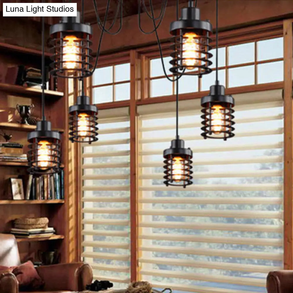 Farmhouse Style 6-Light Iron Ceiling Lighting Fixture With Black Cylinder Cage Shade For Bedroom