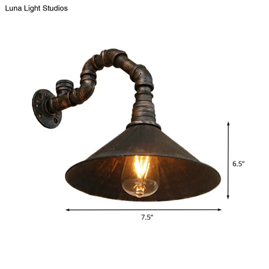 Farmhouse Style Antique Brass Wall Sconce With Metallic Cone & Pipe - 1 Head Dining Room Lighting