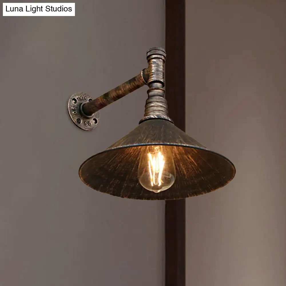 Farmhouse Style Antique Brass Wall Sconce With Metallic Cone & Pipe - 1 Head Dining Room Lighting
