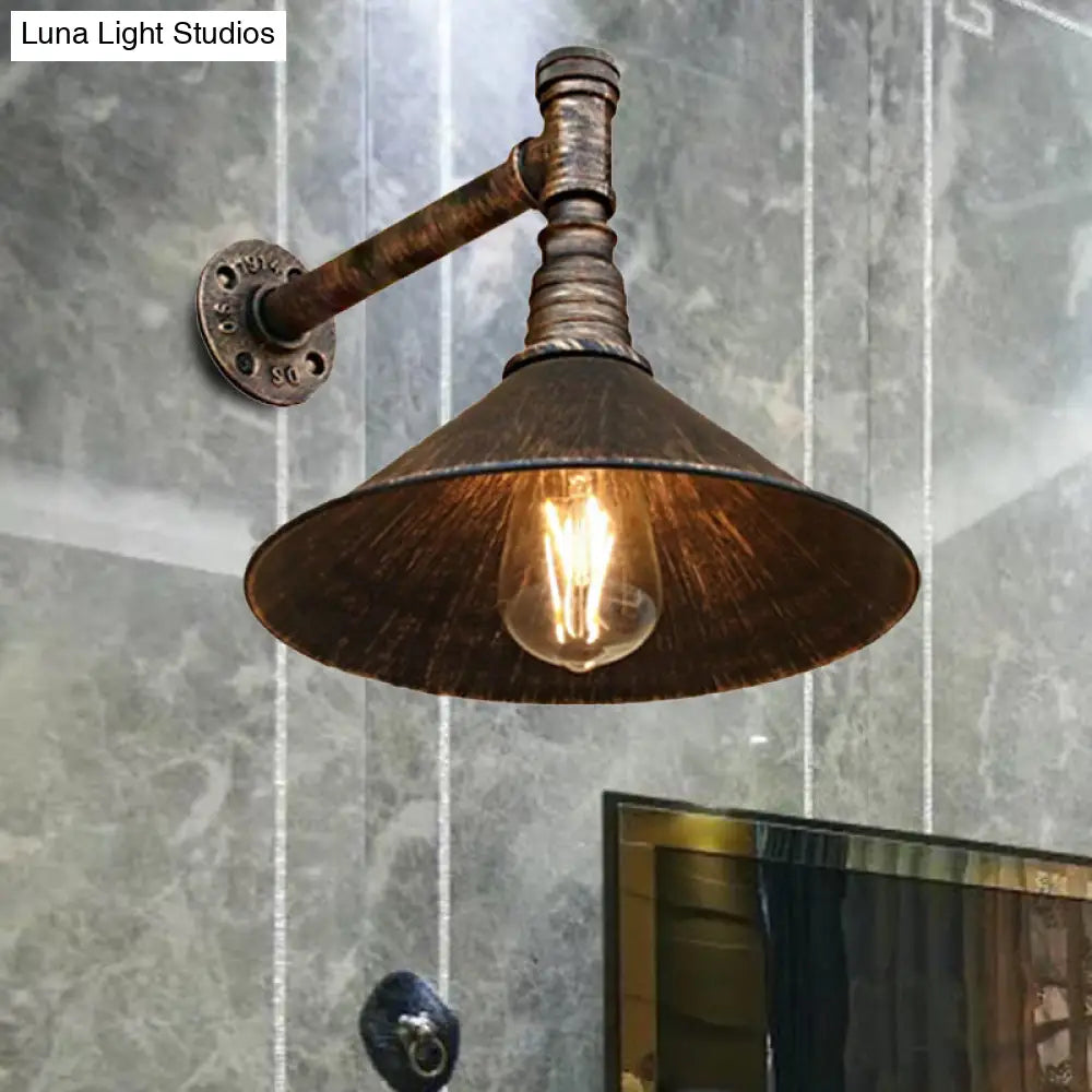 Farmhouse Style Antique Brass Wall Sconce With Metallic Cone & Pipe - 1 Head Dining Room Lighting