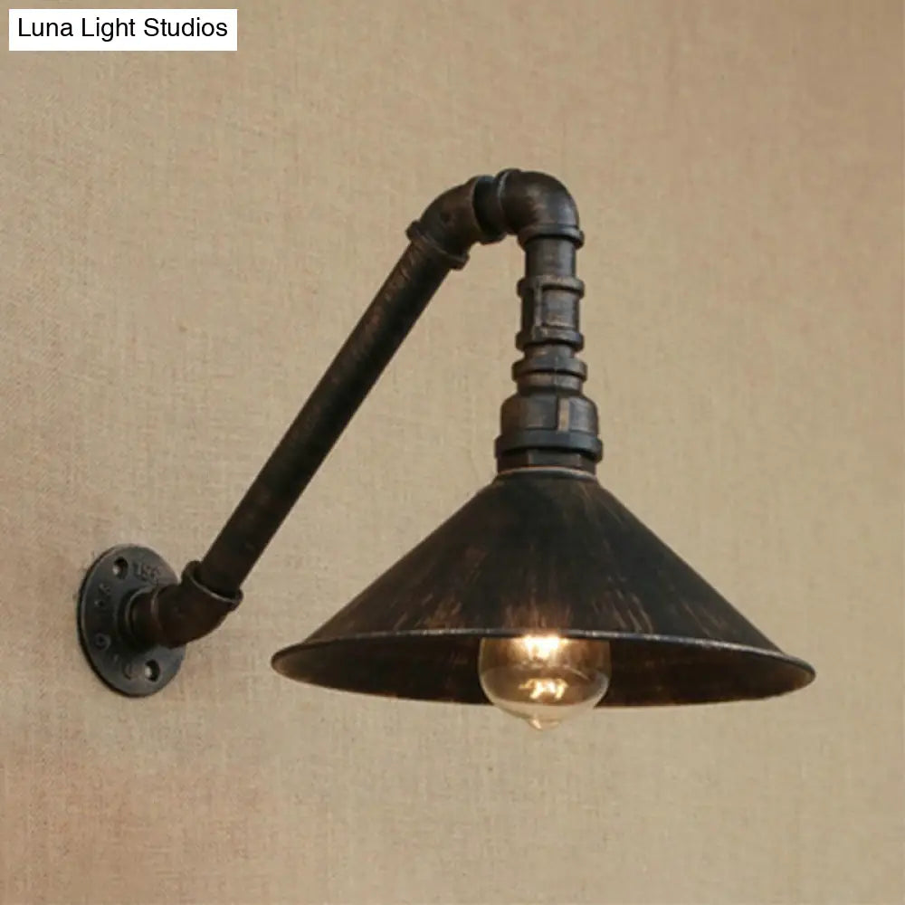 Farmhouse Style Antique Brass Wall Sconce With Metallic Cone & Pipe - 1 Head Dining Room Lighting