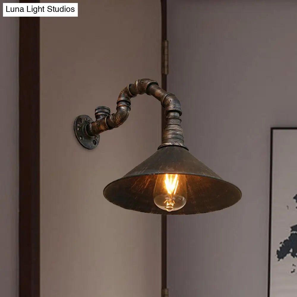 Farmhouse Style Antique Brass Wall Sconce With Metallic Cone & Pipe - 1 Head Dining Room Lighting