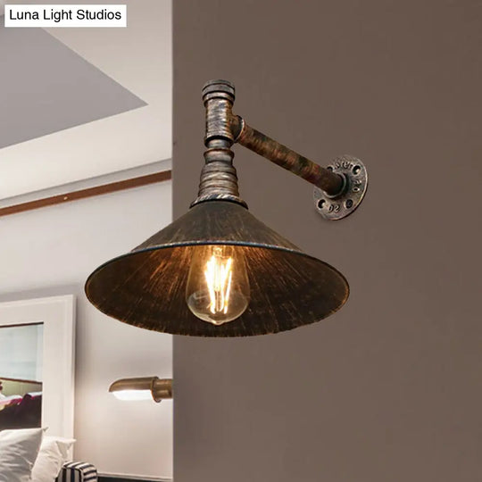Farmhouse Style Antique Brass Wall Sconce With Metallic Cone & Pipe - 1 Head Dining Room Lighting