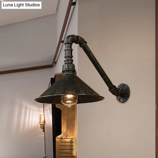 Farmhouse Style Antique Brass Wall Sconce With Metallic Cone & Pipe - 1 Head Dining Room Lighting