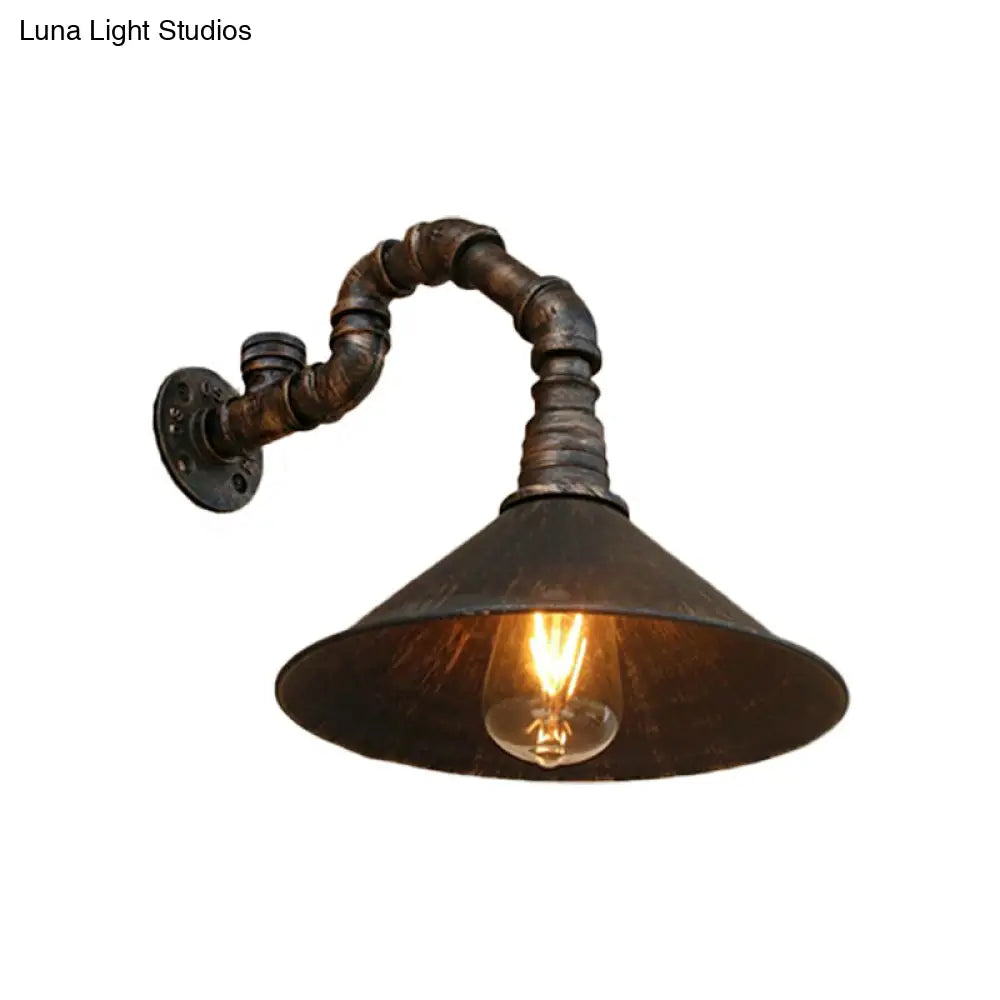 Farmhouse Style Antique Brass Wall Sconce With Metallic Cone & Pipe - 1 Head Dining Room Lighting