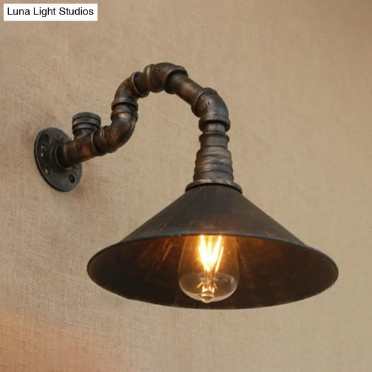 Farmhouse Style Antique Brass Wall Sconce With Metallic Cone & Pipe - 1 Head Dining Room Lighting