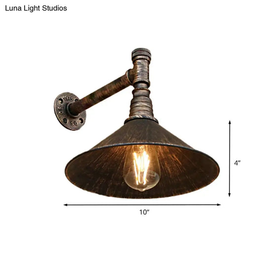 Farmhouse Style Antique Brass Wall Sconce With Metallic Cone & Pipe - 1 Head Dining Room Lighting