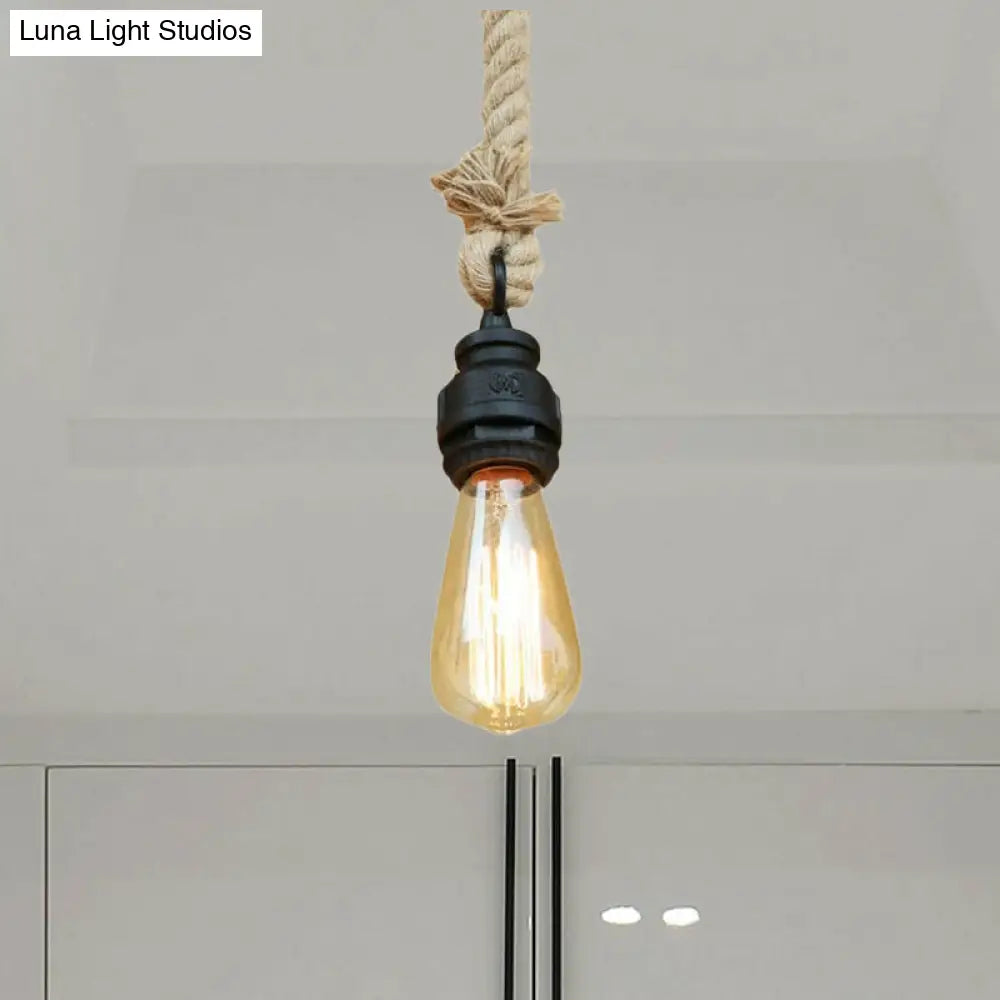 Farmhouse Style Black Finish Pendant Lighting - Metal And Rope Accentuates Exposed Bulb
