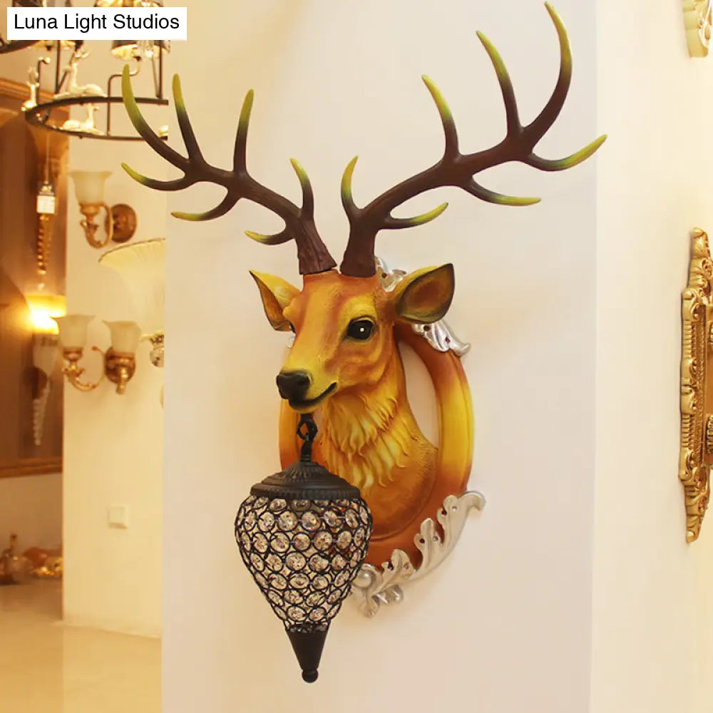 Farmhouse Style Brown Faux Deer Head Sconce Lamp - 16/21 Wide Wall Mounted With Crystal Shade