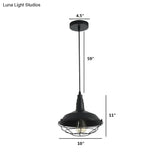Farmhouse-Style Hanging Pendant Lamp With Tapered Cage In Barn-Shaped Black Metal