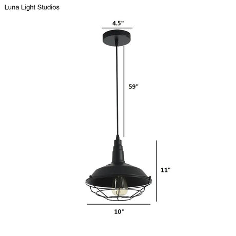 Farmhouse-Style Hanging Pendant Lamp With Tapered Cage In Barn-Shaped Black Metal