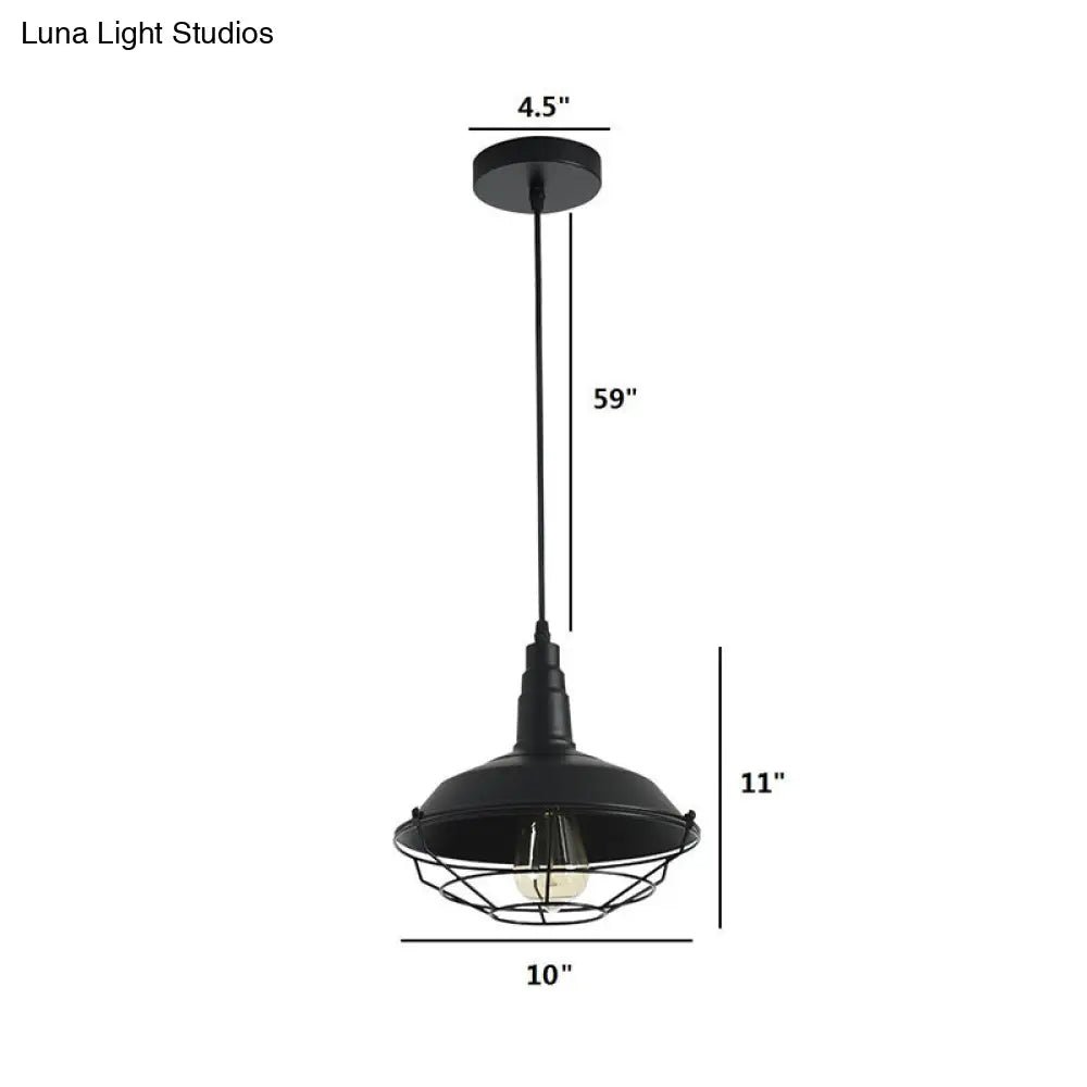 Farmhouse Barn Style Black Metal Pendant Lamp With Tapered Cage - 1 Light