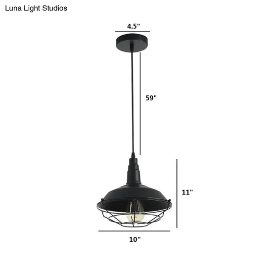 Farmhouse Barn Style Black Metal Pendant Lamp With Tapered Cage - 1 Light
