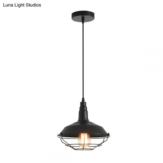 Farmhouse-Style Hanging Pendant Lamp With Tapered Cage In Barn-Shaped Black Metal