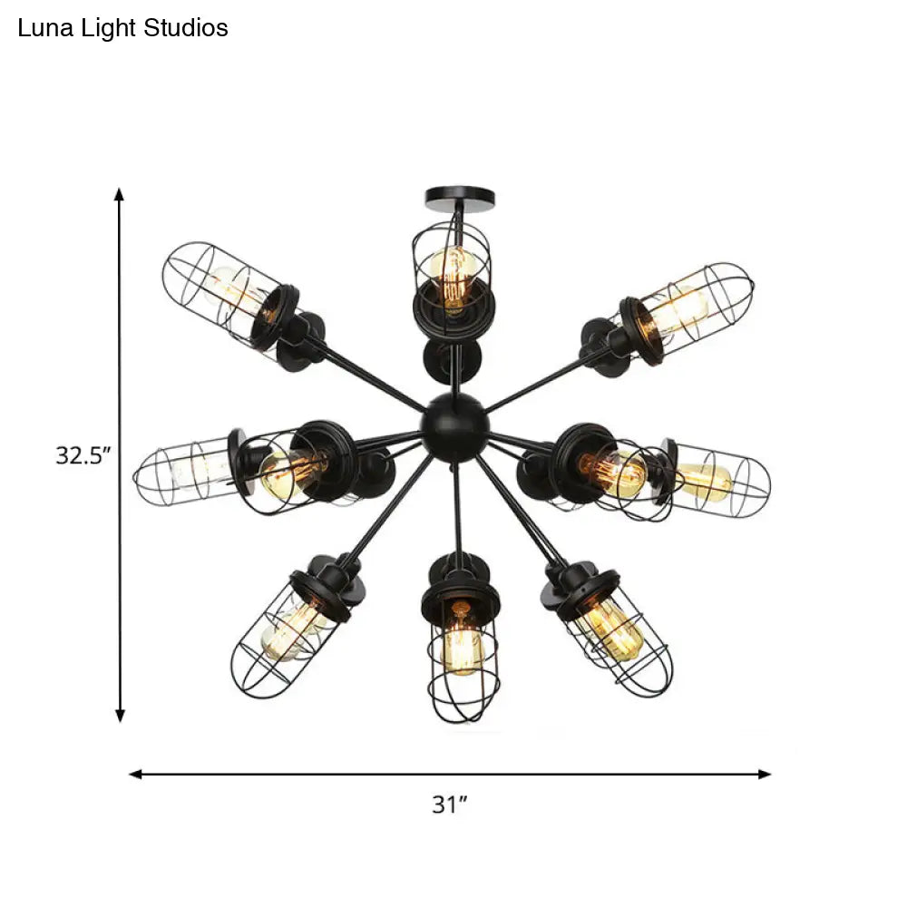 Caged Iron Chandelier - Farmhouse Style Ceiling Lamp Black Finish With Sputnik Design 9/12/15 Lights