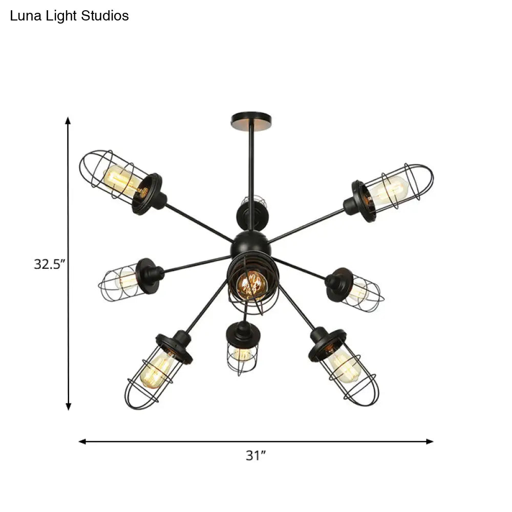Farmhouse Style Iron Caged Chandelier - 9/12/15 Lights Sputnik Design Black Finish
