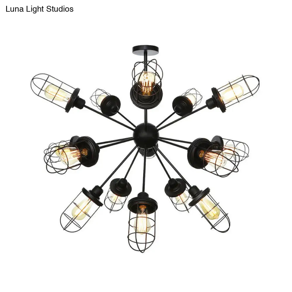 Caged Iron Chandelier - Farmhouse Style Ceiling Lamp Black Finish With Sputnik Design 9/12/15 Lights