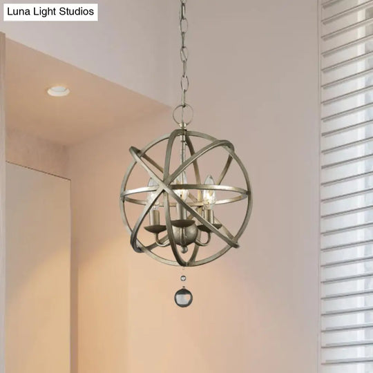 Farmhouse Orb Caged Chandelier - 3-Light Kitchen Pendant With Crystal Decoration Pewter