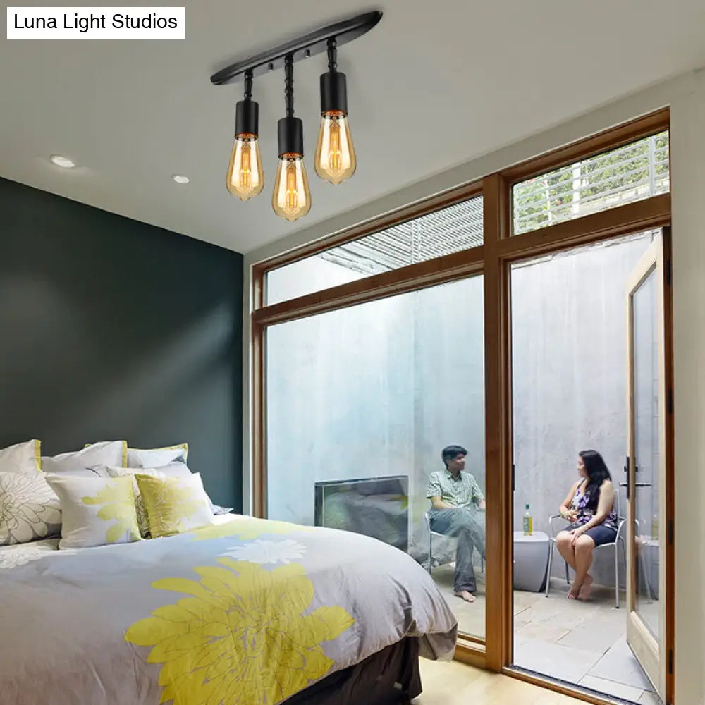 Farmhouse Style Iron Semi Flush Mount Ceiling Light Fixture - Open Bulb Design 3 Lights Black