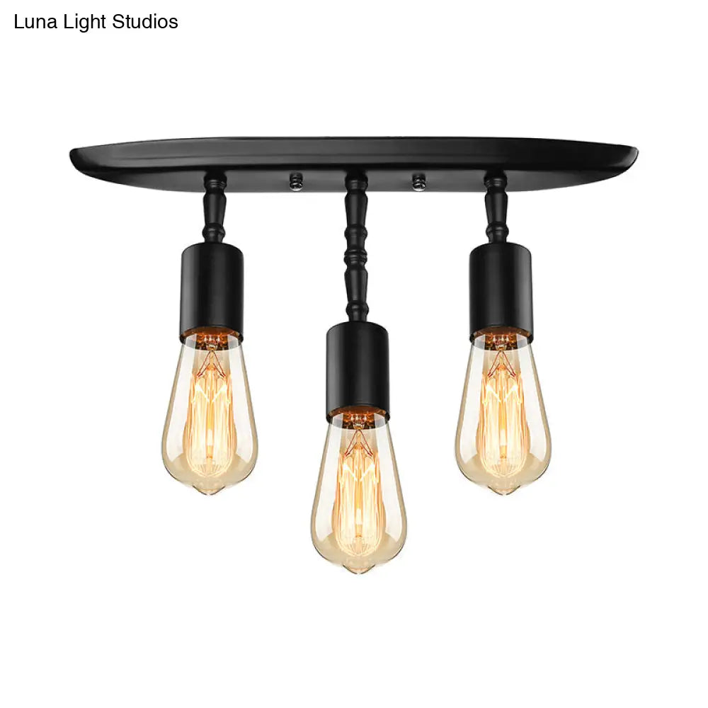 Farmhouse Style Iron Semi Flush Mount Ceiling Light Fixture - Open Bulb Design 3 Lights Black