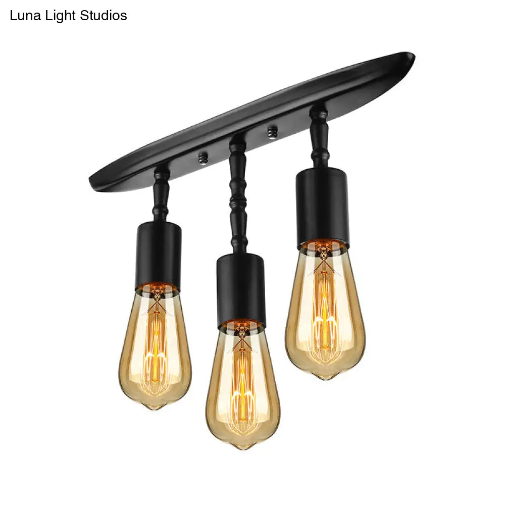 Farmhouse Style Iron Semi Flush Mount Ceiling Light Fixture - Open Bulb Design 3 Lights Black