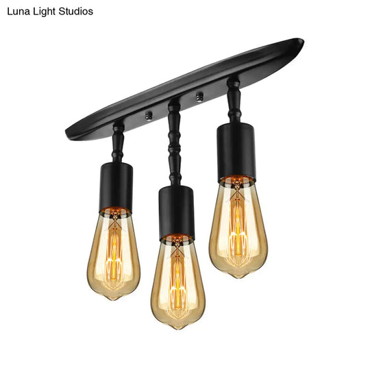 Farmhouse Style Iron Semi Flush Mount Ceiling Light Fixture - Open Bulb Design 3 Lights Black