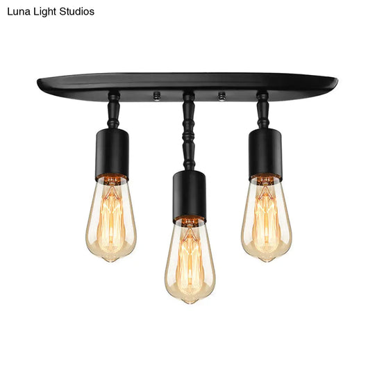Farmhouse Style Iron Semi Flush Mount Ceiling Light Fixture - Open Bulb Design 3 Lights Black