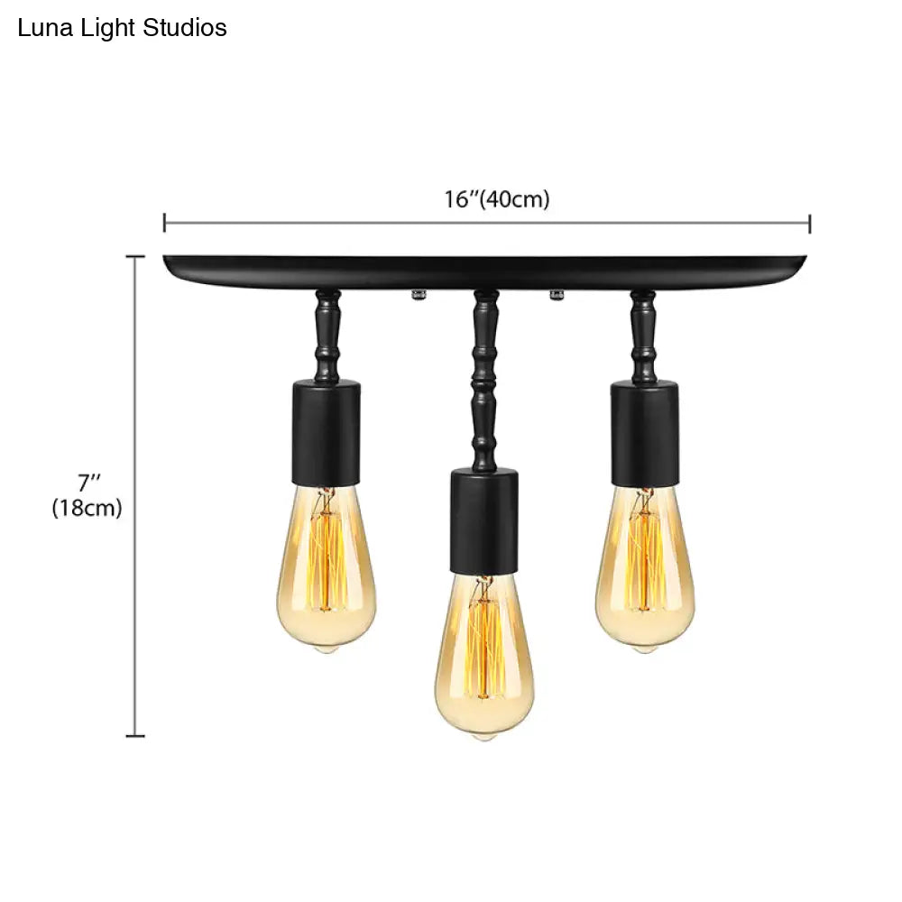 Farmhouse Style Iron Semi Flush Mount Ceiling Light Fixture - Open Bulb Design 3 Lights Black