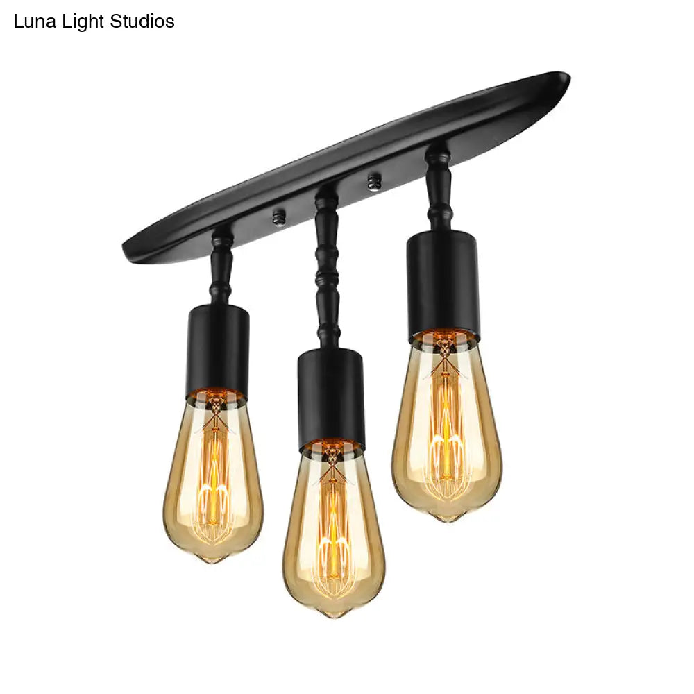Farmhouse Style Iron Semi Flush Mount Ceiling Light Fixture - Open Bulb Design 3 Lights Black