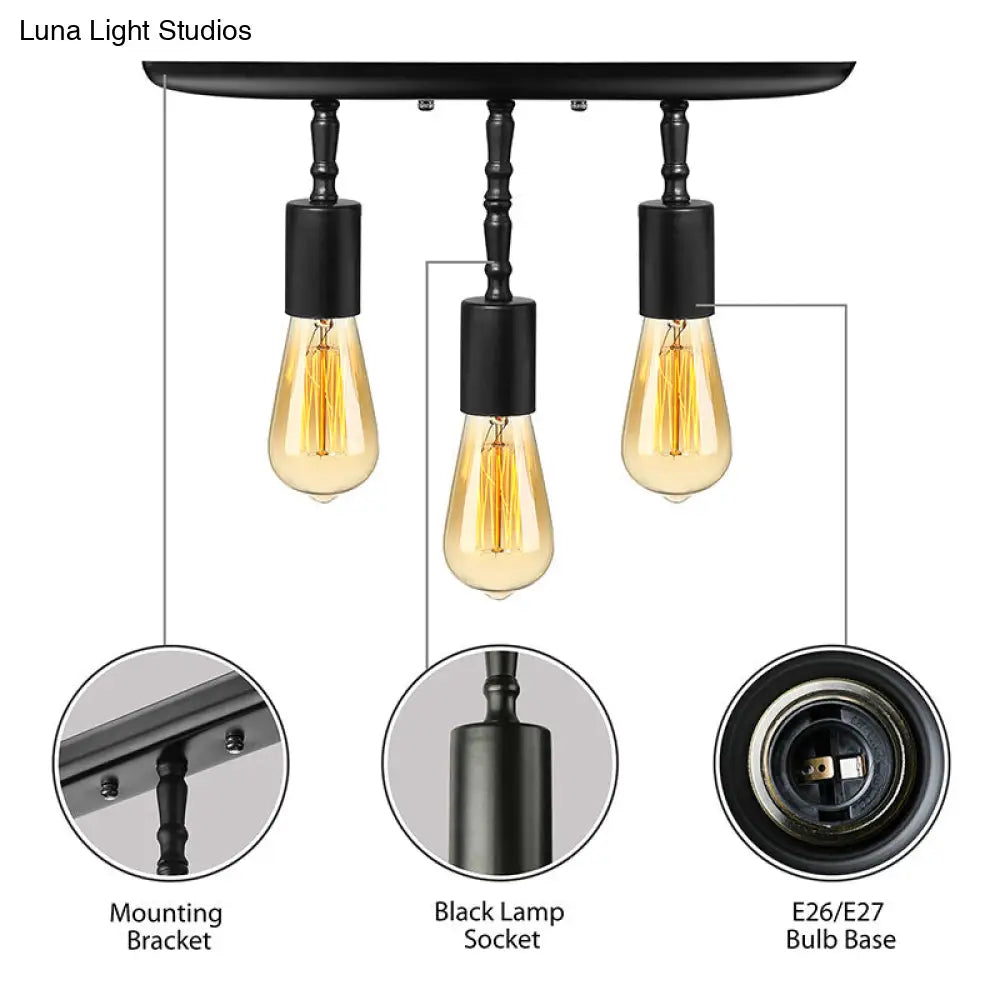 Farmhouse Style Iron Semi Flush Mount Ceiling Light Fixture - Open Bulb Design 3 Lights Black