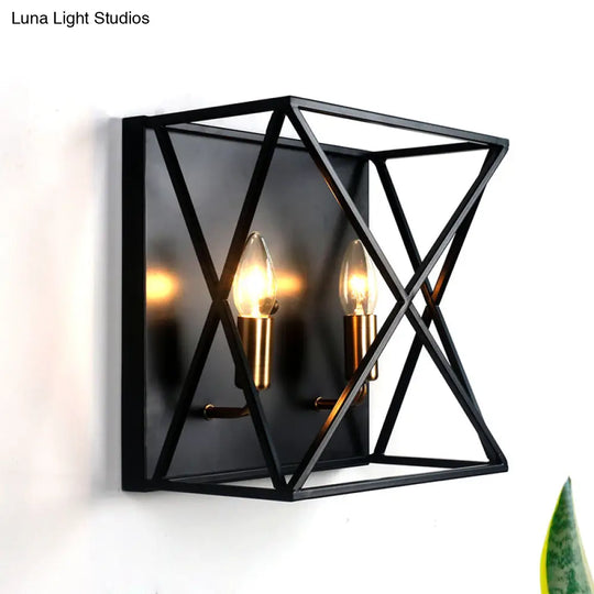 Farmhouse Style Metal Sconce Light Fixture - 2 Bulb Black Finish Wall Lamp With Wire Frame