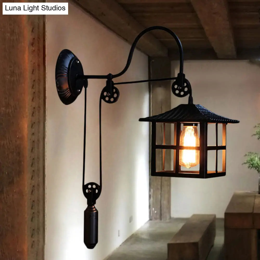 Farmhouse-Style Metal Wall Lamp With Pulley And 1 Light - Square/Rectangle Cage Indoor Décor In