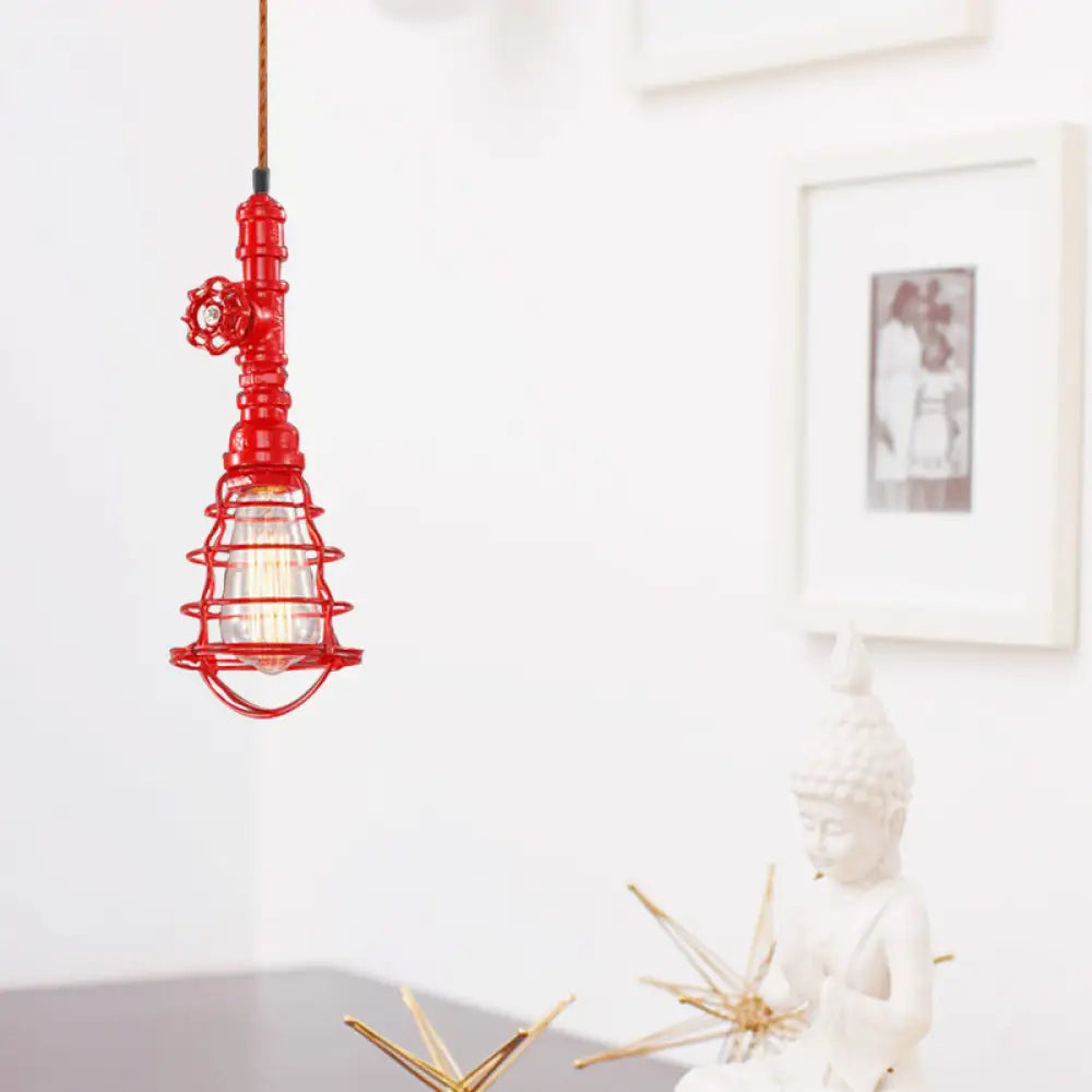Farmhouse Style Metal Wire Cage Pendant Light With Valve Design In Black/Red Finish - Indoor